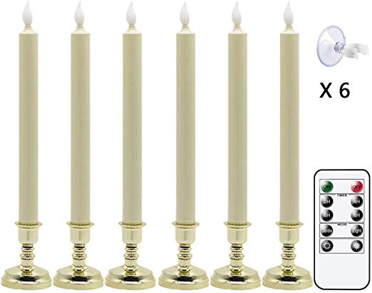 Eldnacele Flameless Battery Operated Flickering Taper Candles with Remote Timer, LED Window Candles with Suction Cups, Set of 6 Gold Holders for Party Home Christmas Decoration