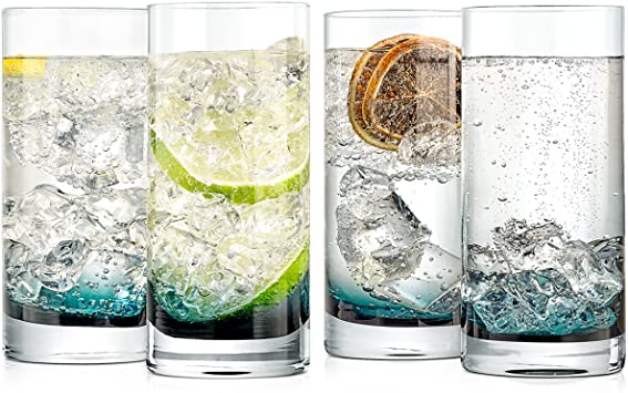 12.5oz Highball Drinking Glasses - Set of 4 Heavy Base Tall Tumbler Clear Glassware for Water, Wine, Beer, Liquor, Gin, Cocktail, Whiskey, Juice, Iced Coffee, Mixed Drinks, Dishwasher Safe