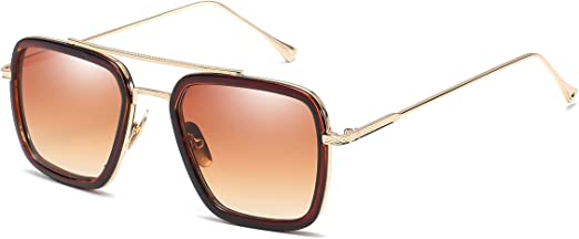 Retro Aviator Square Sunglasses for Men Women Metal Frame Gradient Iron Man Tony Stark Sunglasses­ (Gold Frame/Brown Lens)