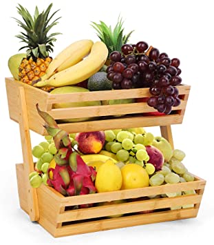 HYNAWIN Bamboo 2-tier Fruit Basket,Fruit and Vegetable Storage Stand,Snack Rack,Bread Storage holder,in Home,Kitchen,Living Room and Office