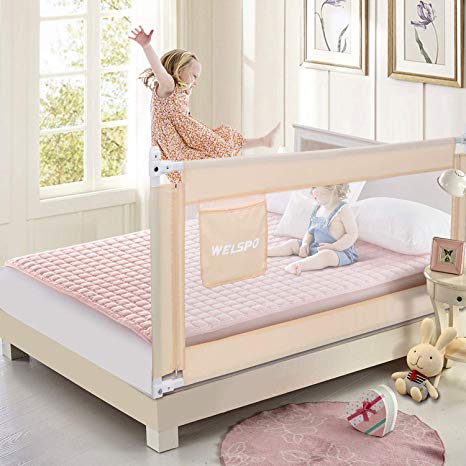 70 Inches Bed Rail for Toddlers Fold Down Safety Baby Bed Guard Swing Down Bedrail for Convertible Crib, Kids Twin, Double, Full Size Queen & King Mattress, Beige [Upgraded] (1 Pack)