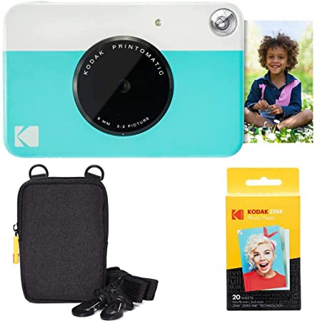 Kodak Printomatic Instant Camera (Blue) Basic Bundle   Zink Paper (20 Sheets)   Deluxe Case   Comfortable Neck Strap AMZRODOMATICK1BL