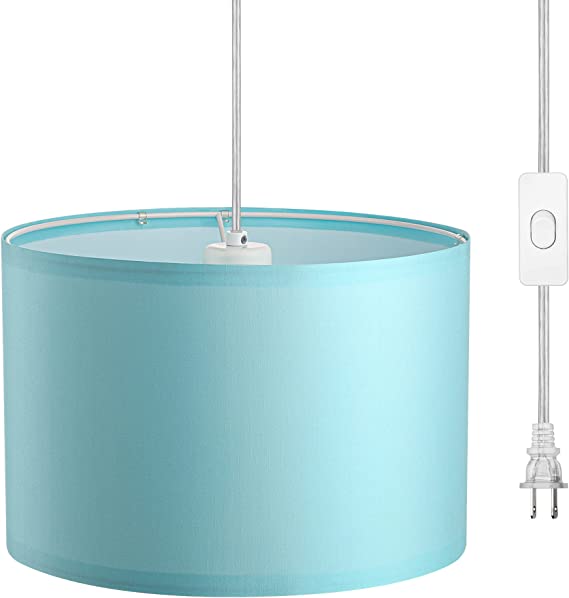 DEWENWILS Plug in Pendant Light, Hanging Light with 15Ft Clear Cord, On/Off Switch, with Blue Lampshade, Hanging Light Fixture for Bedroom, Kitchen, Living Room, Dining Table