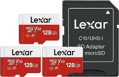 Lexar E-Series 128GB Micro SD Card 3 Pack, microSDXC UHS-I Flash Memory Card with Adapter, 100MB/s, C10, U3, A1, V30, Full HD, 4K UHD, High Speed TF Card