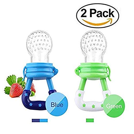 Baby Fresh Food Feeder Silicone Feeder Silicone Teether Feeder Pacifier Toy with Handgrip for Boys and Girls 2 PCS (6-12 Months, Blue,Green)