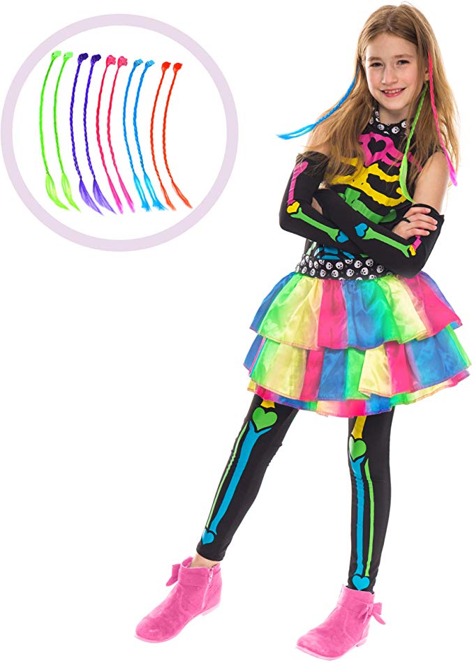 Funky Punky Bones Colorful Skeleton Deluxe Girls Costume Set with Hair Extensions for Halloween Costume Dress Up Parties.