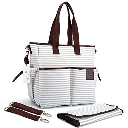 Diaper Bag - Stylish Designer Baby Canvas Messenger Bags - Weekender Tote With Zipper Organizer By HYBLOM - Fashion Cute Nappy Striped Handbag For Moms - Changing Pad, Shoulder & Stroller Straps
