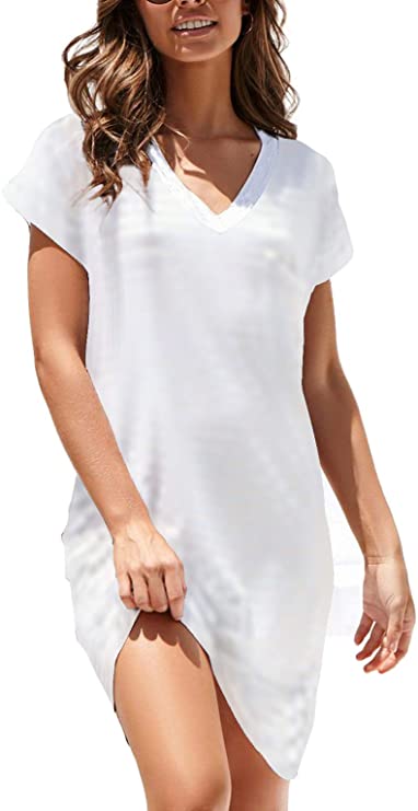 NERLEROLIAN Women T-Shirt Stripe Dress with Pockets V-Neck Knee Length Loose Tunic Summer Dress