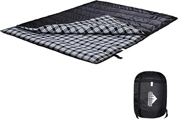 Cotton Flannel Double Sleeping Bag for Camping, Backpacking, Or Hiking. Queen Size 2 Person Waterproof Sleeping Bag for Adults Or Teens. Truck, Tent, Or Sleeping Pad, Lightweight（Pillows NOT Include）