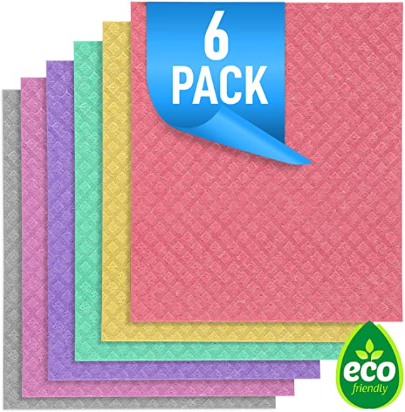 Swedish Dishcloths for Kitchen - Bulk 6 Pack of No Odor Eco-Friendly Reusable Dish Cloths - Absorbent Swedish Cellulose Sponge Cloth (6 Dishcloths - Red, Purple, Green, Yellow, Pink, and Gray)