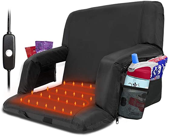 Blufree Extra Wide Heated Stadium Seat, Foldable Portable Bleacher Chair, 6 Reclinng Positions Back and Arm Support Thick Cushion for Outdoors Picnic Camping & Sports. (Not Include USB Power Bank)