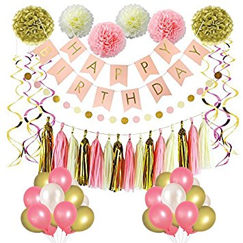 Pink and Gold Party Decorations, balloons, Pom Poms Flowers , birthday banner, paper Garland , Tassels, Hanging Swirl for 1st Birthday Girl Decorations by Litaus