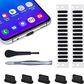 5PCS USB C Dust Plug & 28x Phone Speaker Mesh Dustproof Net Adhesive Stickers for iPhone 15 Pro Max, Samsung Galaxy S23, S22, S21, S20, S10e,Any Type-C Port on Smartphone, Anti Dust Kit with Tweezers