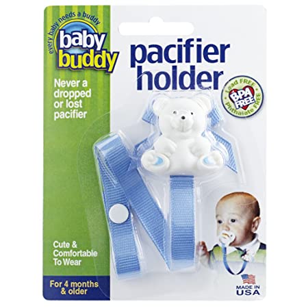 Baby Buddy Pacifier Holder Clip - Cute Fashionable Bear Clips onto Baby’s Shirt, Snaps to Paci, Teether, Toy - For Babies 4  Months - Pacifier Clip for Toddlers Boys & Girls, Blue, 1 Count