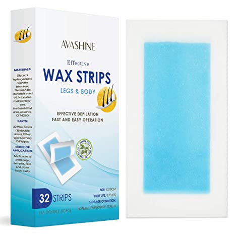 Avashine Wax Strips, Hair Removal Wax Strips For Arm, Leg, Brazilian, Underarm Hair, Bikini, 32 Count Wax Strips With 4 Post Wipes-Blue