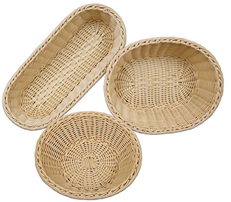 3 Piece Poly-wicker Oval Nestable Basket Set, Microwavable, and Dishwasher Safe.