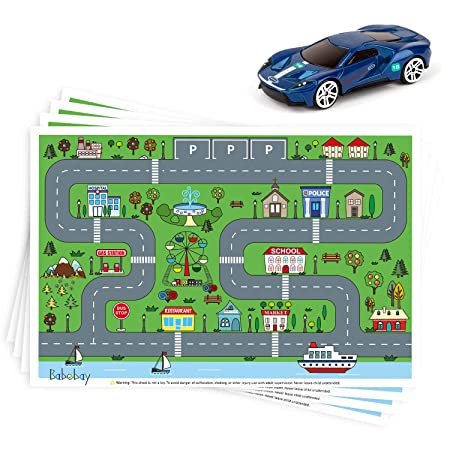 Disposable Stick-on Placemats 40 Pack for Baby & Kids, Restaurant Table Topper Mat Disposable, Toddler Placemats with Car Toy, 12" x 18" Sticky Place Mats Roadmap Design BPA Free…