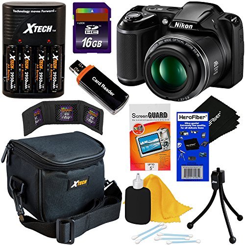 Nikon COOLPIX L340 202 MP Digital Camera with 28x Zoom NIKKOR Lens and Full HD 720p Video Recording - Black - International Version No Warranty  4 AA Batteries with Charger  8pc Bundle 16GB Accessory Kit w HeroFiber Ultra Gentle Cleaning Cloth