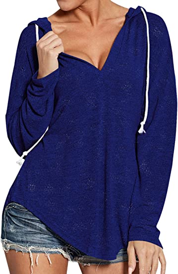 WLLW Womens Long Sleeve Deep V Neck Drawstring Sweatshirt Hoodies Tops Blouse