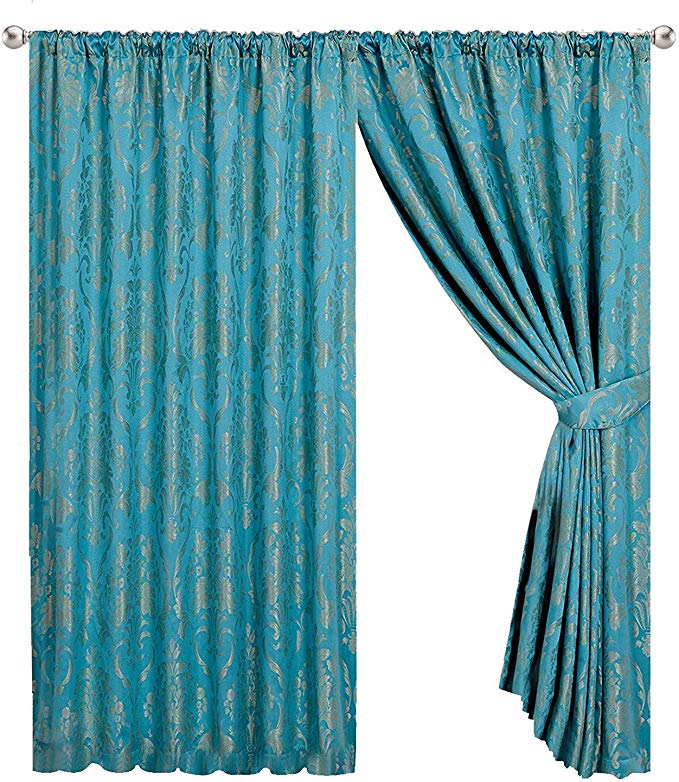 Jacquard Ruby Teal Pencil Pleat Curtains With Matching Tie Back Fully Lined 90''x90'' & 66" x72 (90"x90")