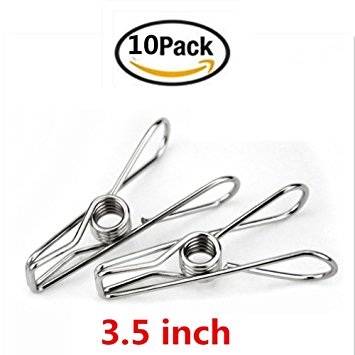 Yamde 10 Pack 3.5 inch Big Heavy Duty Stainless Steel Wire Clips for Drying on Clothesline Clothespins Hanging Clip Hooks for Home Laundry Office Use