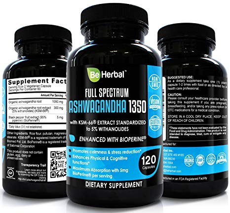 BE HERBAL Premium Organic Ashwagandha 1350mg with KSM-66 and BioPerine - Stress Relief, Anti Anxiety, Cortisol Manager and Adrenal Support Supplement - 120 Capsules