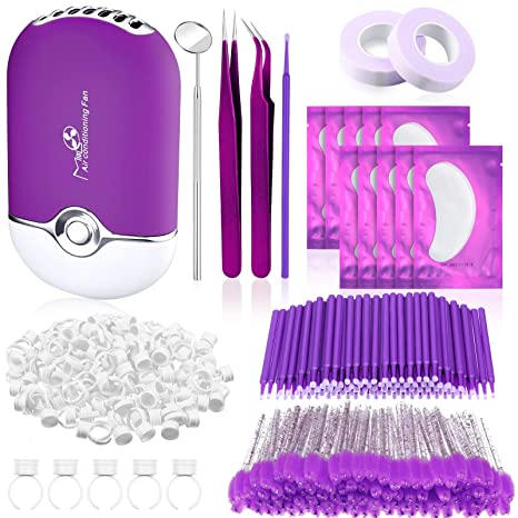 316 Pieces Eyelash Extension Supplies, Extension Tweezers USB Air Conditioning Blower Lash Mirror Eyelash Mascara Micro Applicators Brushes Rings Cups Eye Mask Pads Eyelash Tapes (Purple)