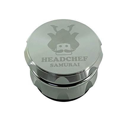 Headchef Samurai High Quality Metal Herb Grinder with Sifter Scraper – 4 Piece Grinder, 55mm, Silver