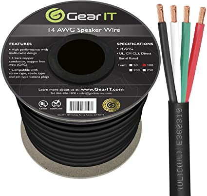 GearIT Pro Series 14 Gauge 4-Conductor Speaker Wire (100 Feet / 30 Meters) 14 AWG OFC (99.9% Oxygen Free Copper) Speaker Wire CL3 Rated for Outdoor Direct Burial Use, Black