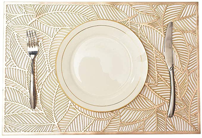 MLADEN Rectangle Placemats Set of 6, Leaf Functional Table Mat for Dining Kitchen Restaurant Table Decoration (Gold)