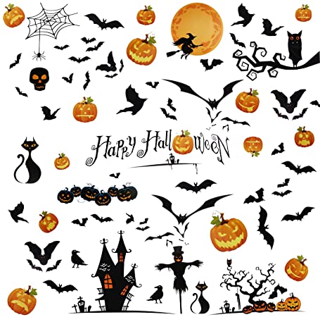 Halloween Decorations, Wall Decal Window Decor Party Supplies, with Bats Pumpkin Tombstone - 6 Sheets, 32 Stickers
