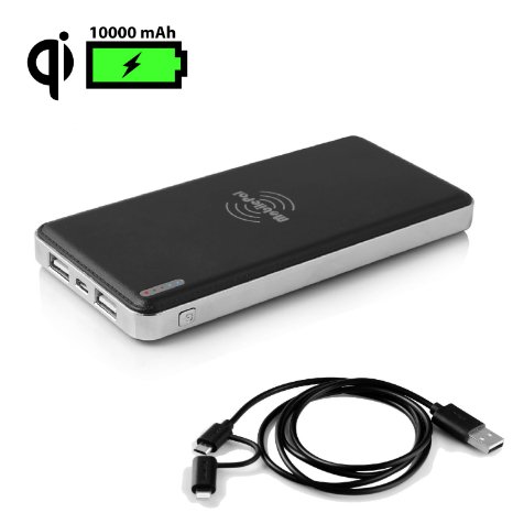 MobilePal Gen-2 10000mAh Qi Wireless Power Bank with 2-in-1 Lighting   Micro-USB Cable [2A Input / 1A Qi Output / Dual 2.1A USB Ports] (Black)