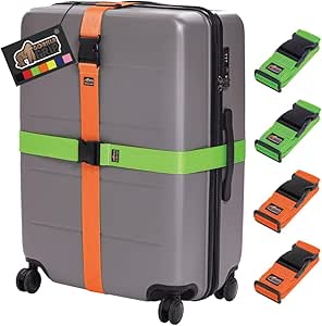 Gorilla Grip Heavy Duty 4 Pack Adjustable Luggage Straps for Suitcases, Easy to Identify Travel Belt Connector Holds Suitcase Together, Extends Life of Bag, Strap Connects Two Bags, Green and Orange