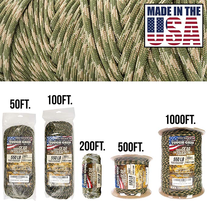 TOUGH-GRID 550lb Paracord/Parachute Cord - 100% Nylon Genuine Mil-Spec Type III Paracord Used by The US Military - (MIL-C-5040-H) - Made in The USA. 100Ft.