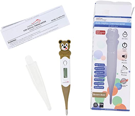 ZAYAAN HEALTH Kids Digital Thermometer Fun Character Caps °C/°F Switchable Flexible, Brown Bear