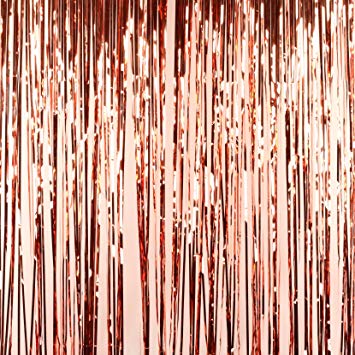 Andaz Press Rose Gold Foil Fringe Party Door Curtain Backdrop, 2-Pack, 6-Feet Total Width x 8-Feet Height, Shiny Metallic Copper Champagne Themed Bridal Shower Supplies