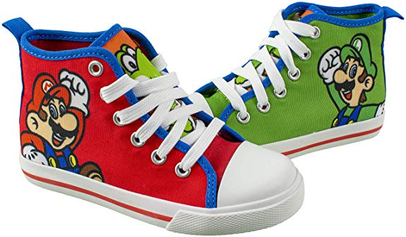 Super Mario Brothers Mario and Luigi Kids Shoe, Nintendo Hi Top Tennis Shoes Sneaker with Laces,Toddlers and Kids, size 7 to 3