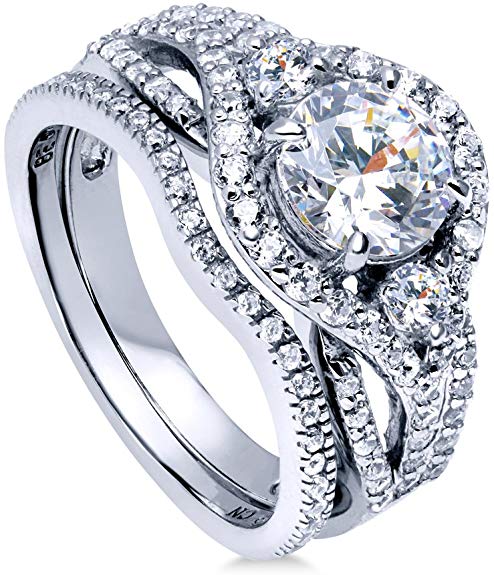 BERRICLE Rhodium Plated Sterling Silver Round Cubic Zirconia CZ 3-Stone Anniversary Engagement Wedding Ring Set 2.22 CTW