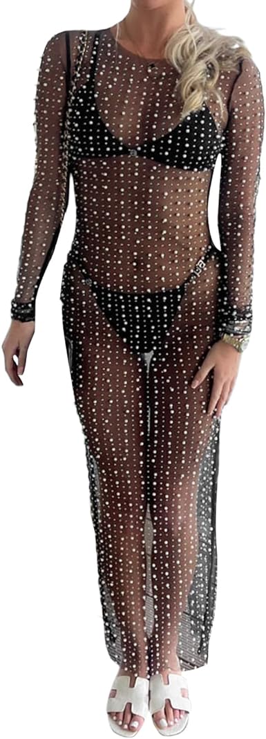 Women's Pearl Rhinestone Cover Up Dress See Through Sheer Long Maxi Dresses Beach Swimwear Bikini Cover Ups