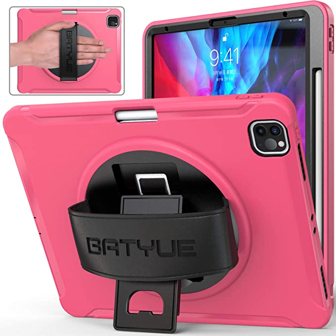 BATYUE iPad Pro 12.9 2020 & 2018 Case [Support 2nd Gen Pencil Wireless Charging] [360° Rotating Kickstand & Leather Hand Strap] [Shock Proof] High Impact Resistant Heavy Duty Rugged Case (Rose Red)