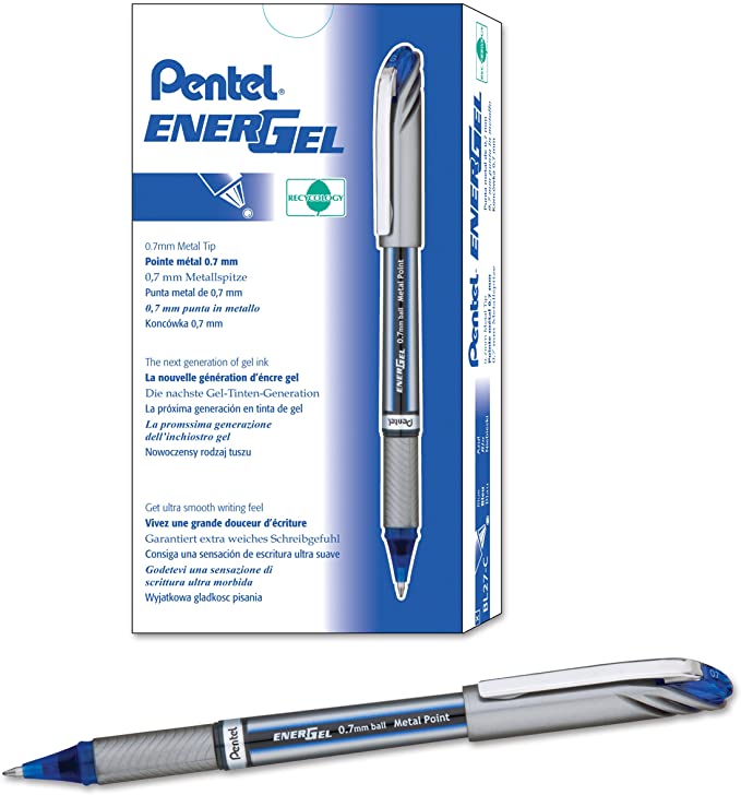 Pentel EnerGel NV Gel Ink Pen, (0.7mm), Medium Point Capped, Metal Tip, Blue Ink, Box of 12 (BL27-C)