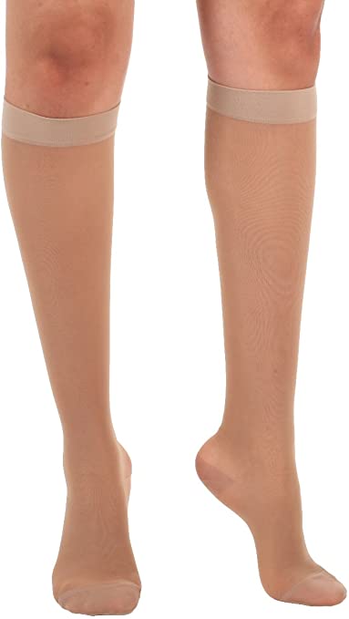 USA Made Sheer Women's Compression Stockings - Knee High, 15-20 mmHg Medium Graduated Support - Small Natural