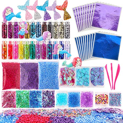Holicolor 72pcs Slime Making Supplies Kit Slime Add Accessories Set Include Foam Balls, Fishbowl Beads, Glitter Sequins Accessories, Shells, Mermaid Slime Charms for Slime Party or Mermaid Party