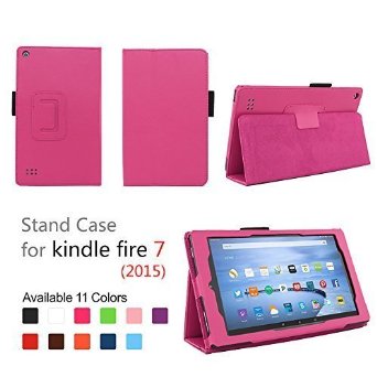 Elsse Fire 7 2015 Folio Case with Stand for Kindle Fire 7 5th Generation Sept 2015 Model - Hot Pink