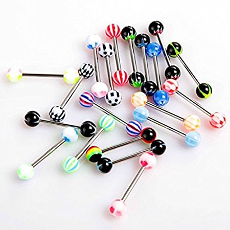 Pack of 20 Colorful Stainless Steel Ball Barbell Tongue Rings Bars Piercing Cosmetic