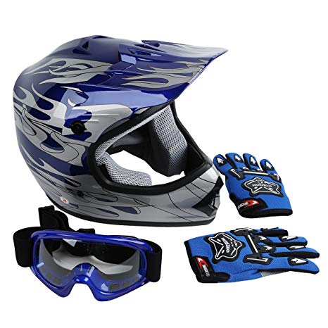 XFMT Youth Kids Motocross Offroad Street Dirt Bike Helmet Goggles Gloves Atv Mx Helmet Blue Flame S