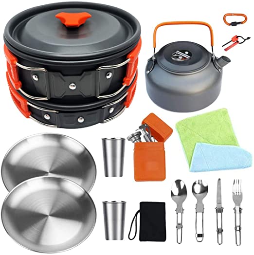 Bisgear Camping Cookware 18/8 Plates Outdoor Stove Kettle Pot Pan Mess Kit Stainless Steel Cup Utensil Backpacking Gear Bug Out Bag Cooking Equipment Picnic Cookset Carabiner Fire Starter for 2 Person