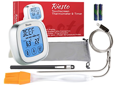 Premium Digital Instant Read Cooking - and Meat Thermometer with Timer 2 Long Probes, LCD Touchscreen Display for Food, BBQ Steak, Pork, Beef, Turkey, Chicken, Grill, Smoker Oven and Kitchen by Riesto