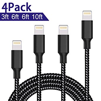 Lightning Cable,AOFU Charger Cables 4Pack 3FT 6FT 6FT 10FT to USB Syncing and Charging Cable Data Nylon Braided Cord Charger for iPhone 7/7 Plus/6/6 Plus/6s/6s Plus/5/5s/5c/SE and more -Black&White-