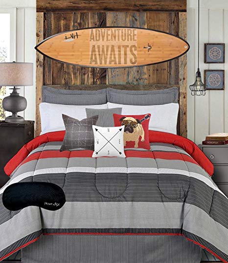 Home Style Teen Boys Bedding Modern Striped Rugby Gray Black Red Twin Comforter, Sheets, Bedskirt Brand Sleep Mask (7 Pc. Bed in a Bag Bundle) (Twin)